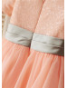 Short Sleeves Blush Pink Sequin Tulle Knee Length Flower Girl Dress 